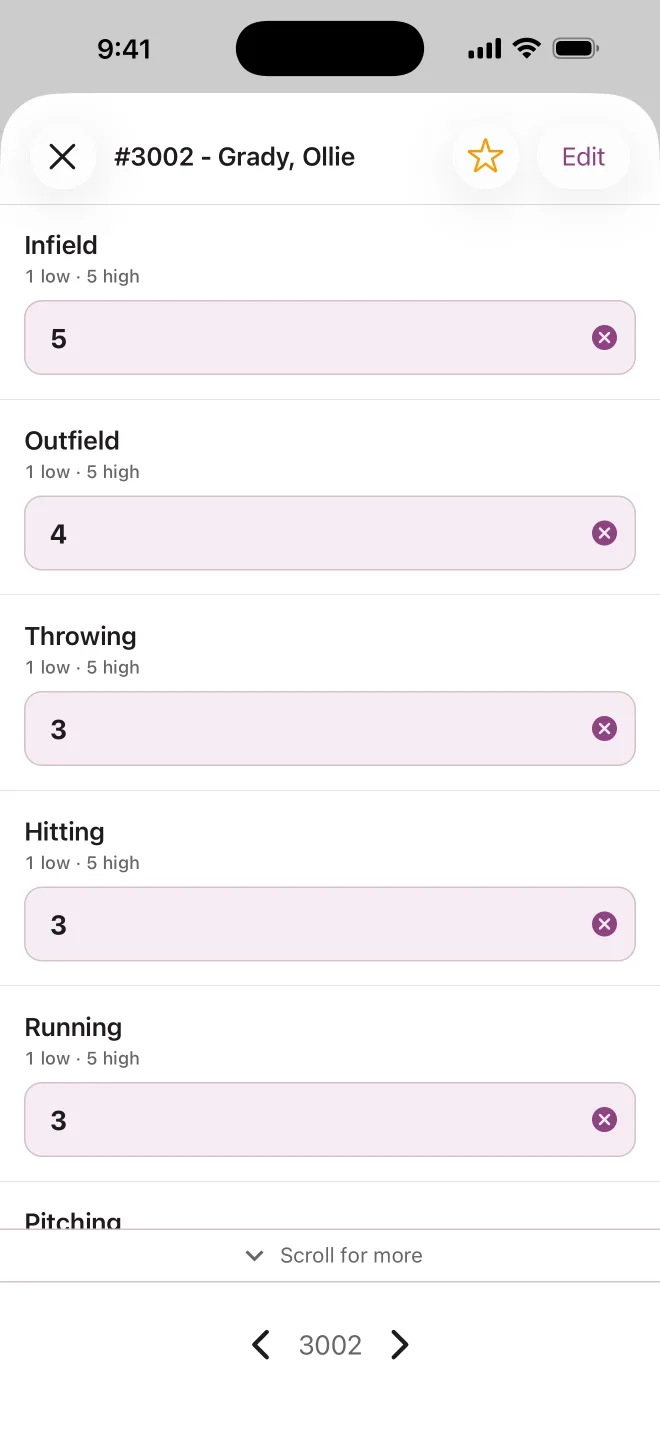 Bravara evaluator scoring a player on a phone, 1 to 5 by skill