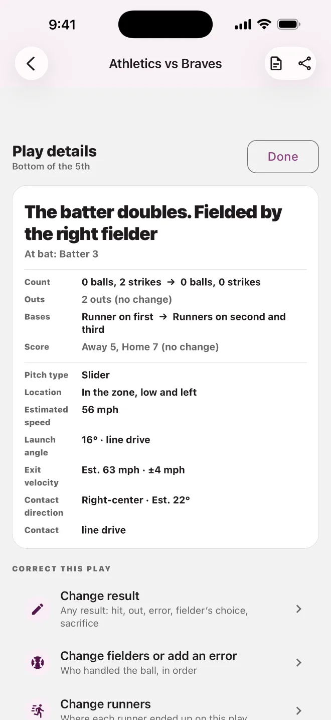 Bravara play details with pitch type, estimated pitch speed, launch angle, and exit velocity