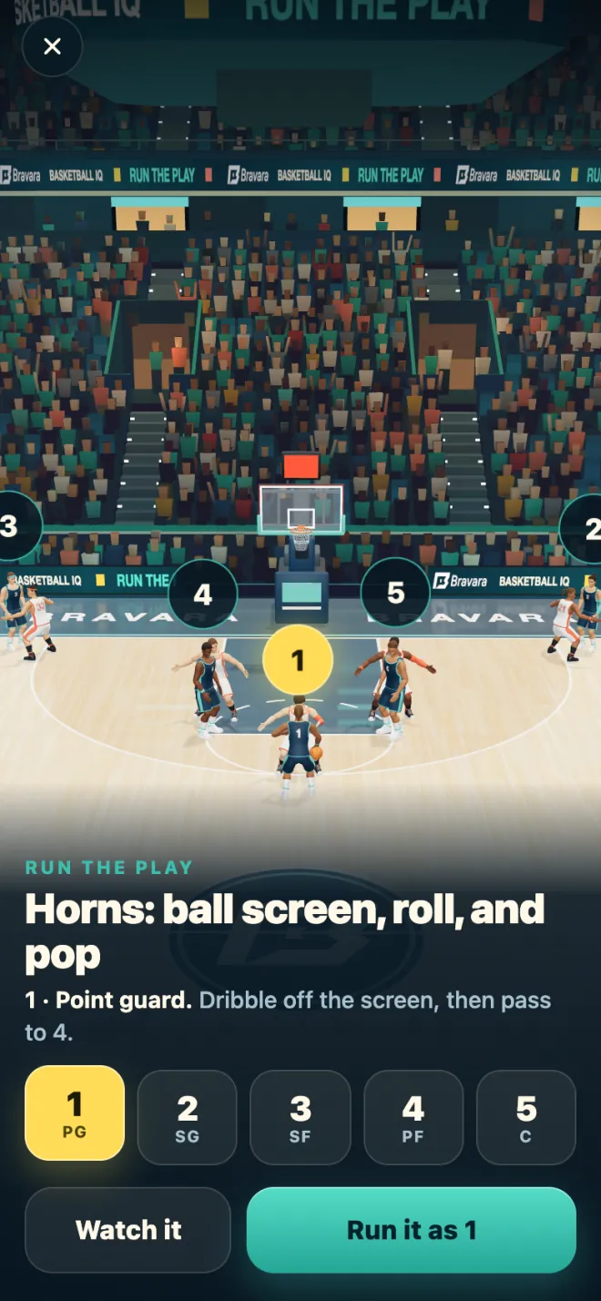 Basketball IQ screen for picking a spot in the Horns play