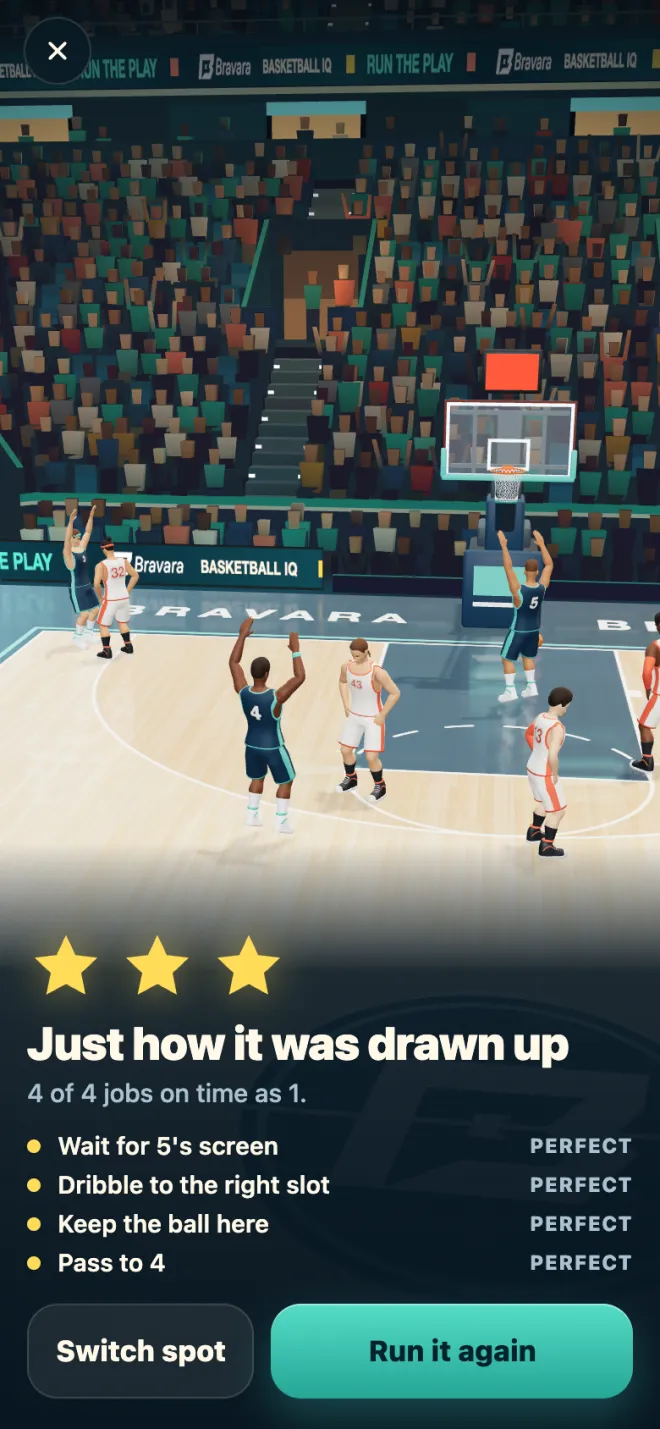 Basketball IQ result with three stars and each job rated