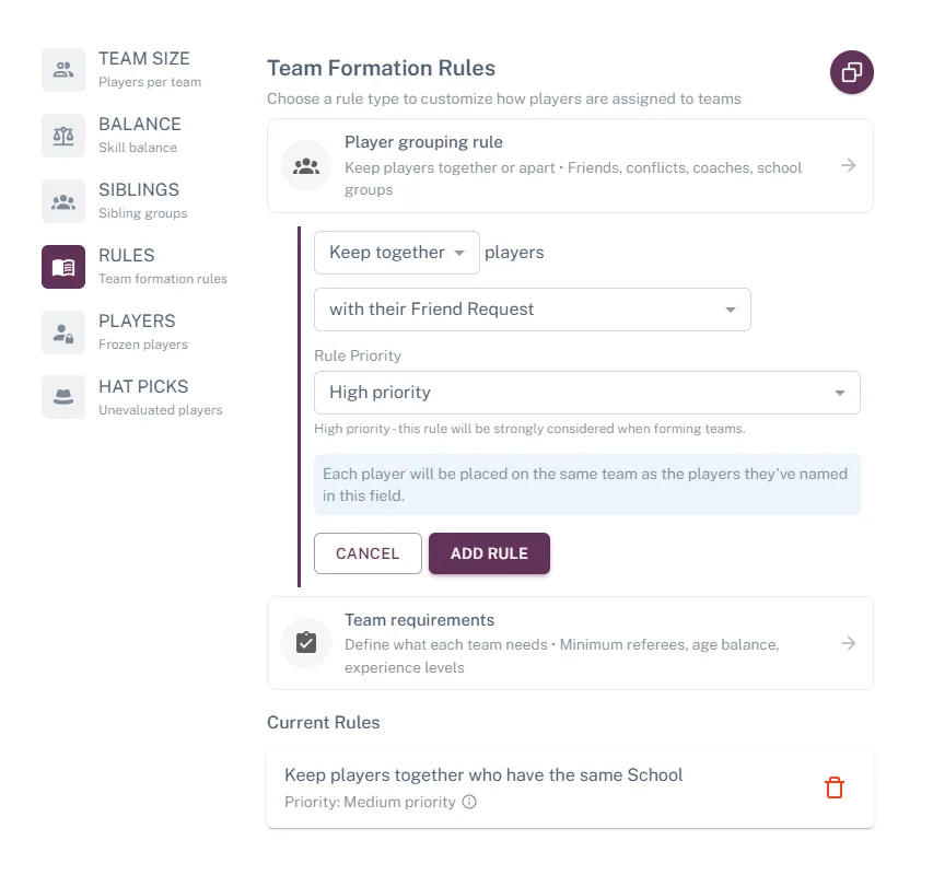 Bravara Team Builder showing player grouping and team formation rules